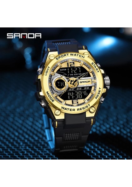 Yeşil Sanda Moda Dijital Saat Erkekler Darbeye Dayanıklı Su Geçirmez Çift Izle LED Kronograf Çalar Saat Erkek Saati Serin Saat Erkek Saati (Yurt Dışından)