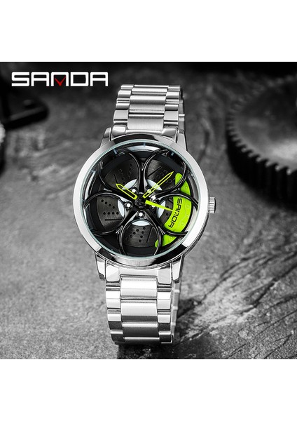 Gümüş Yeşil Sanda Erkek Özel Tasarım Jant Izle Süper Araba Jant Su Geçirmez Yaratıcı Paslanmaz Çelik Erkek Saati Relogio Masculino (Yurt Dışından)