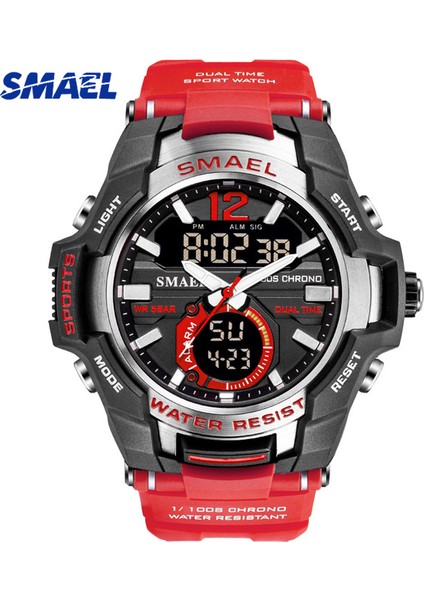 Kırmızı Smael Erkek Spor Kuvars Izle Erkekler LED Dijital 5ATM Su Geçirmez Spor Askeri Saatler Adam Çift Ekran Kol Saati Relogio Erkekler (Yurt Dışından)