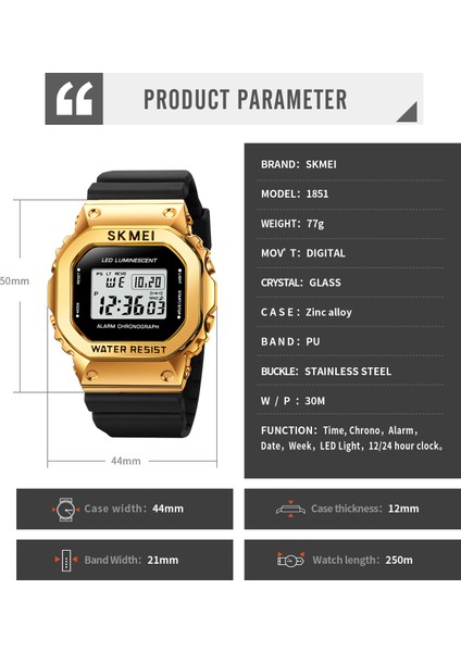 Kutu ile Altın Skmeı Moda LED Işık Dijital Spor Izle Erkekler 3bar Su Geçirmez Chrono Alarm Saatler Tarih Hafta Saat Izle Reloj Hombre 1851 (Yurt Dışından)