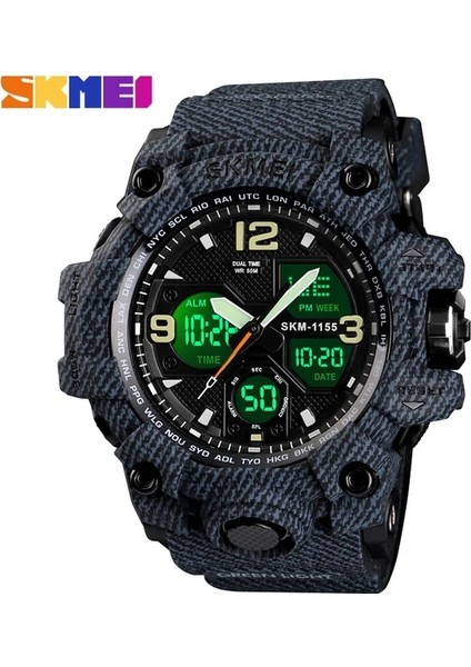 Denim Siyah Skmeı 2 Zaman Erkek Saati Erkek Elektronik Spor Saatler Kronometre Arka Işık Alarmı Su Geçirmez Kuvars Saat Reloj Hombre 1155B (Yurt Dışından)