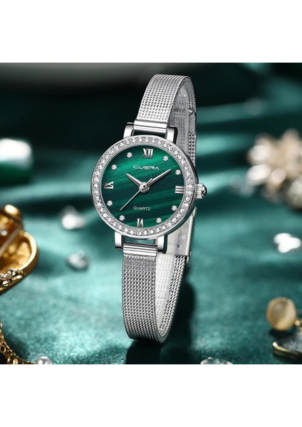 Gümüş Yeşil Cuena Üst Marka Lüks Saatler Hediye Su Geçirmez Bayanlar Elmas Kadın Bilezik Saatler Kadın Saat Relogio Feminino Часы Женские (Yurt Dışından) indirimleri