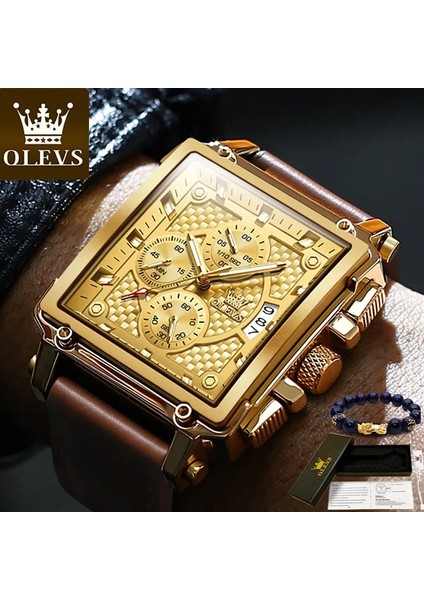 25 Altın Beyaz L 2023 Olevs Orijinal Altın Izle Erkekler Için Lüks Marka Askeri Deri Büyük Altın Chronograph Erkek Kol Saatleri Relogio Masculino (Yurt Dışından)