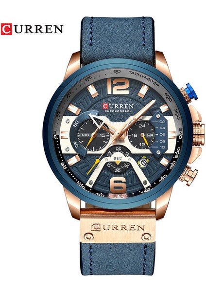Gül Mavisi Curren Erkek Saatler Üst Marka Lüks Deri Spor Saat Erkekler Moda Chronograph Kuvars Adam Saat Su Geçirmez Relogio Masculino (Yurt Dışından)