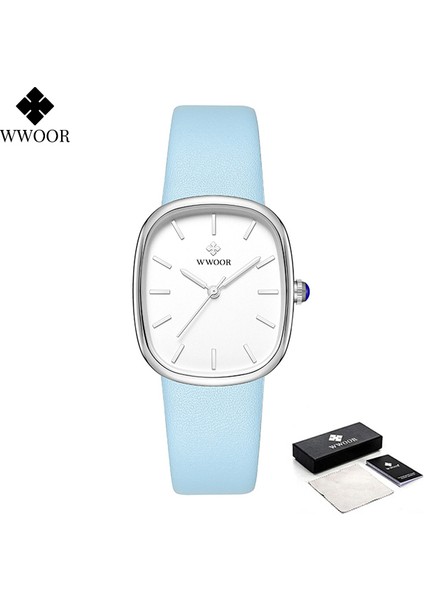 Gümüş Mavi Kutu Wwoor Yeni Reloj Moda Kadın Bilezik Izle Lüks Marka Zarif Elbise Kuvars Saat Su Geçirmez Üst Bayan Kol Saati Hediye Kutusu (Yurt Dışından)