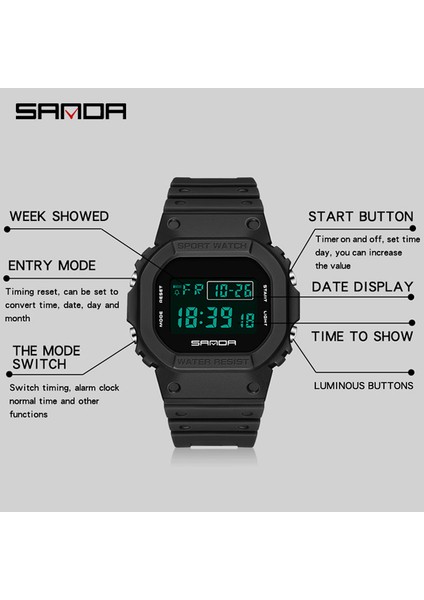 Yükseltme Siyah Sanda Erkek Dijital Saatler Su Geçirmez Spor Izle Erkekler Için Alarm Chrono LED Elektronik Saat Kare Adam Kol Saati Reloj Hombre (Yurt Dışından)