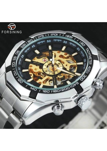 Gümüş Siyah Altın Forsining Mekanik Izle Erkekler Altın Otomatik Erkek Saatler Su Geçirmez Aydınlık Adam Kol Saati Relogio Masculino (Yurt Dışından)