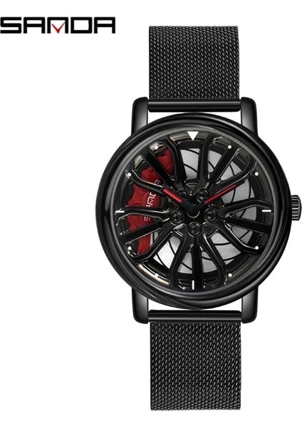 Örgü Siyah Sanda Moda Araba Jant Izle Erkekler 360 Derece Dönen Jant Izle Paslanmaz Çelik Deri Su Geçirmez Spor Kuvars Izle (Yurt Dışından)