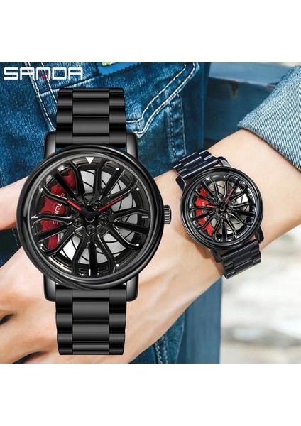 Örgü Siyah Sanda Moda Araba Jant Izle Erkekler 360 Derece Dönen Jant Izle Paslanmaz Çelik Deri Su Geçirmez Spor Kuvars Izle (Yurt Dışından)