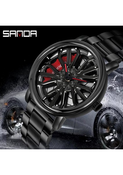 Örgü Siyah Sanda Moda Araba Jant Izle Erkekler 360 Derece Dönen Jant Izle Paslanmaz Çelik Deri Su Geçirmez Spor Kuvars Izle (Yurt Dışından)