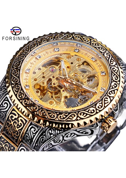 GMT1213-4 Forsining Lüks Erkekler Otomatik Mekanik Kol Saati Su Geçirmez Paslanmaz Çelik Elmas Izle Altın Erkek Saat Vintage Reloj (Yurt Dışından)