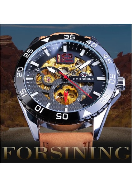 GMT1155-4 Forsining Yaratıcı Mekanik Spor Saatler Erkek Otomatik Yarım Renkli Kadran Kahverengi Deri Kayış Yarış Açık Saat Reloj Hombre (Yurt Dışından) modelleri