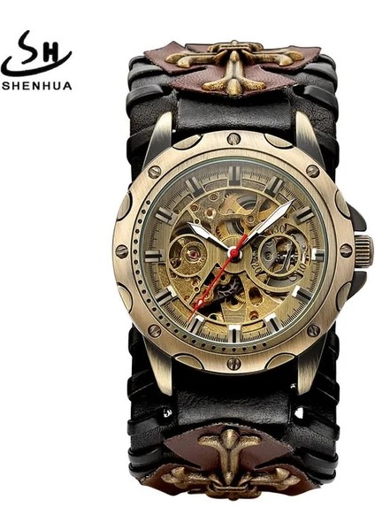 1-Bronz Siyah Moda Klasik Shenhua Erkek Saatleri Retro Otomatik Mekanik Saat Spor Kendinden Kurmalı Saat Erkekler Izle Montre Homme (Yurt Dışından)