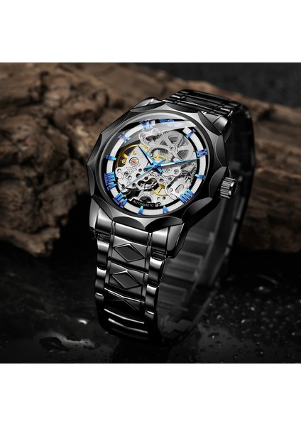 Gümüş Siyah L Kazanan Klasik Siyah Kasa Mavi Kadran Mekanik Saatler Erkek Spor Stil Otomatik Kol Saatleri Erkek Saat Montre Homme (Yurt Dışından)