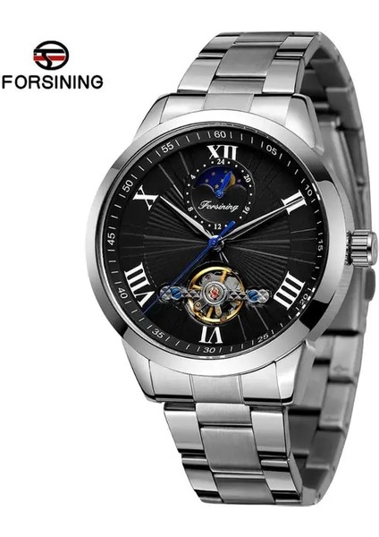 Siyah Gümüş 4151 Lüks Ay Fazı Paslanmaz Çelik Bilezik Tourbillion Erkek Otomatik Saatler Adam Için Moda Kol Saatleri (Yurt Dışından)