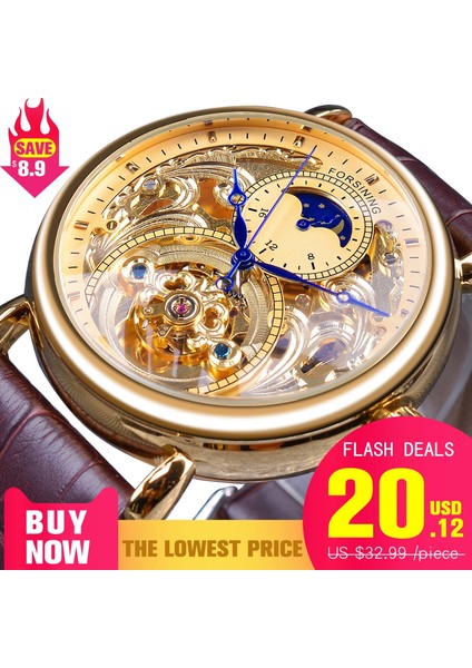 GMT1031-6SMALL Forsining 2018 Kraliyet Altın Ekran Mavi Eller Kahverengi Hakiki Deri Kemer Erkek Mekanik Saatı Saat Erkek (Yurt Dışından)