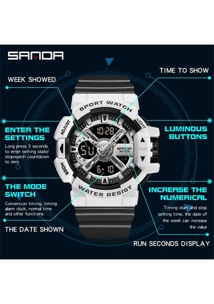 Siyah WHITE3128 Sanda Erkekler Askeri Izle Üst Marka 50 M Su Geçirmez Kol Saati LED Çalar Saat Spor Izle Erkek Relogios Masculino Spor Izle Erkekler (Yurt Dışından)