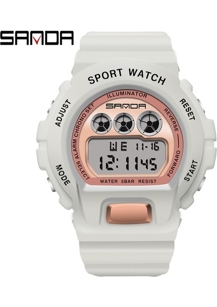 Beyaz Gül Altın Sanda Unisex Elektronik Saat Bayanlar Çok Fonksiyonlu 50 Metre Su Geçirmez Saatler Dijital Erkek Öğrenci Moda Reçine Spor Saati (Yurt Dışından)