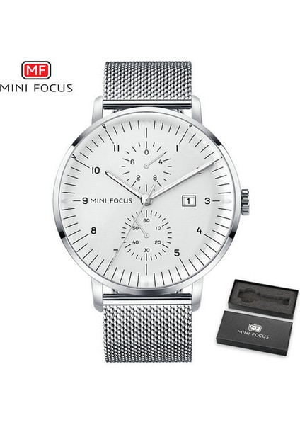 Gümüş Beyaz Mını Focus Klasik Elbise Kuvars Erkek Saatler Top Marka Lüks Siyah Örgü Kayış 3 Alt Kadran 6 Ibreler Tarih Göstergesi Ultra Ince Saat (Yurt Dışından)
