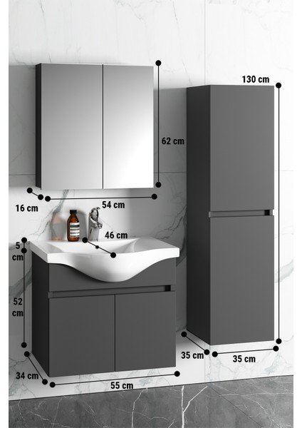 Yıldız 55+35 cm Antrasit Gri Mat Mdf Seramik Lavabolu Asma Banyo Dolabı Takımı