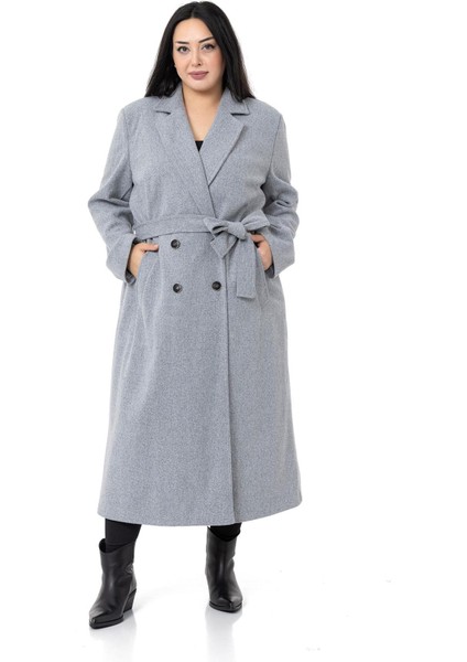 Büyük Beden Yırtmaçlı Uzun Astarlı Gri Kaşe Kaban