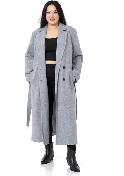 Büyük Beden Yırtmaçlı Uzun Astarlı Gri Kaşe Kaban fiyatları