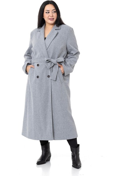 Büyük Beden Yırtmaçlı Uzun Astarlı Gri Kaşe Kaban indirimleri