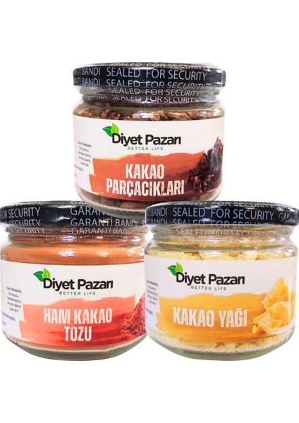 Ham Kakao Tozu 150 Gr-Kakao Parçacıkları 150 Gr-Kakao Yağı 180 gr 3'lü Set (Çikolata Seti)