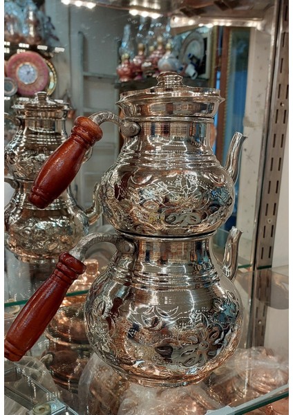 Bakır Çaydanlık El Işlemesi Çiçek Desenli Gümüş Bakır Çaydanlık Büyük Aile Boy Bakır Demlik