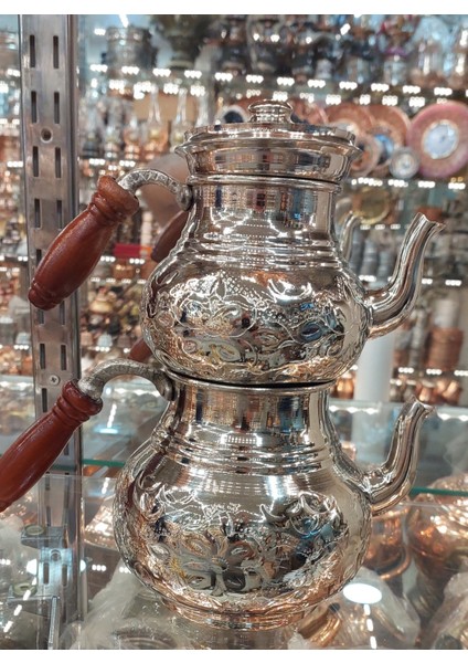 Bakır Çaydanlık El Işlemesi Çiçek Desenli Gümüş Bakır Çaydanlık Büyük Aile Boy Bakır Demlik fırsatları