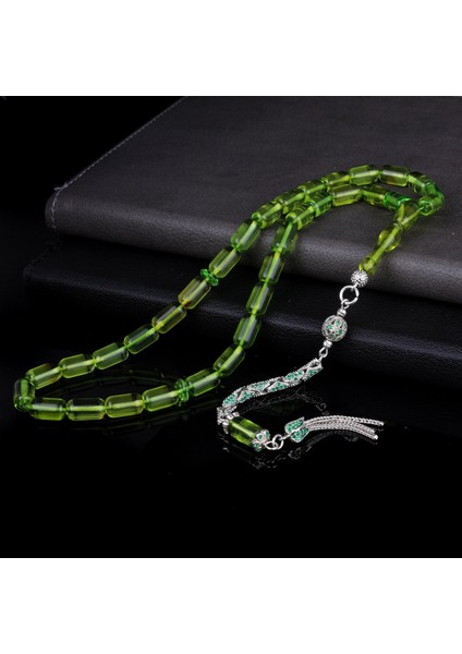 Kapsül Kesim Damla Kehribar Zirkon Taş Gümüş Püsküllü Tesbih