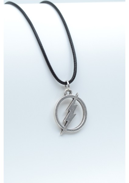 Şimşek - The Flash Gümüş Kaplama Unisex Deri İp Kolye kod 409