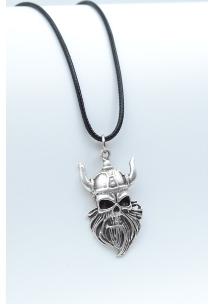 Viking Sakallı Kuru Kafa Gümüş Kaplama Unisex Deri İp Kolye kod 425