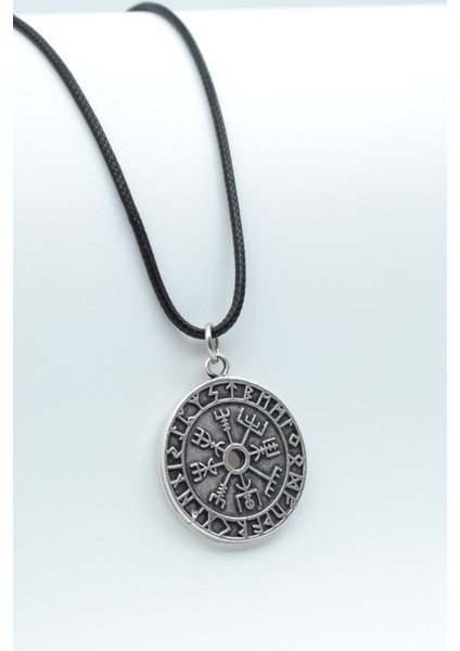 Vegvisir Pusula - Viking Sembol Gümüş Kaplama Unisex Deri İp Kolye kod 451