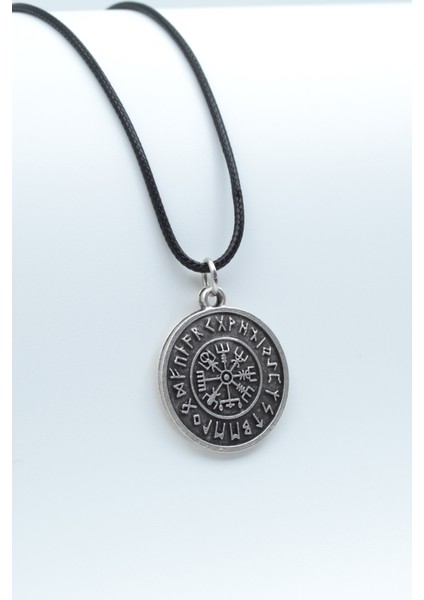 Vegvisir Viking Pusula Kolye Deri İp Gümüş Kaplama Unisex Deri İp Kolye kod 386