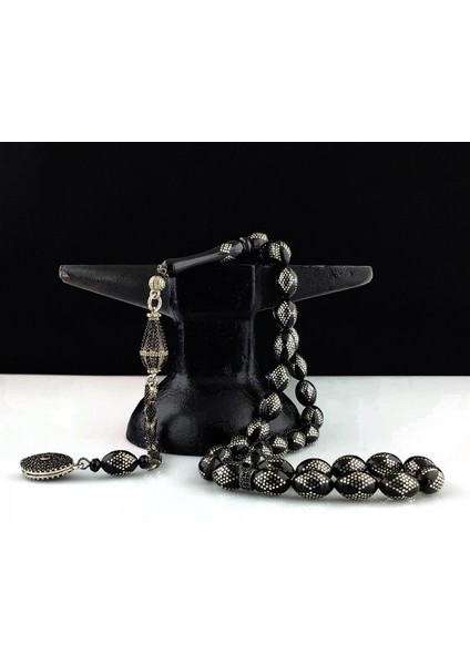 Zirkon Taşlı Püsküllü Gümüş Işleme Ateş Kehribar Tesbih