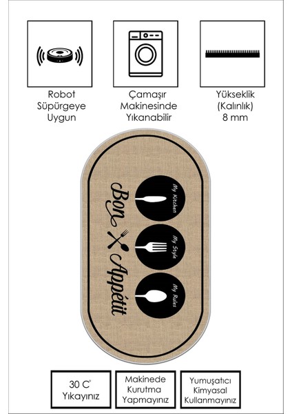 Confidence Home Dijital Baskı Makinede Yıkanabilir Kaymaz Taban Leke Tutmaz Bej Oval Mutfak Halısı  ve Mutfak Yolluk