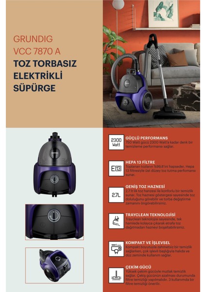 Hepa Filtreli Toz Torbasız Elektrikli Süpürge Vcc 7870 indirimleri