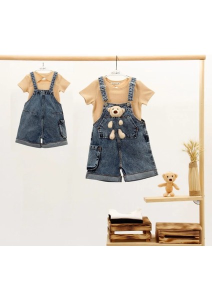 Kız Çocuk Salopet Şort Mavi 5-6 Yaş Denim Mavi
