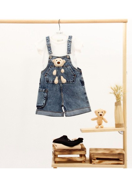 Kız Çocuk Salopet Şort Mavi 5-6 Yaş Denim Mavi