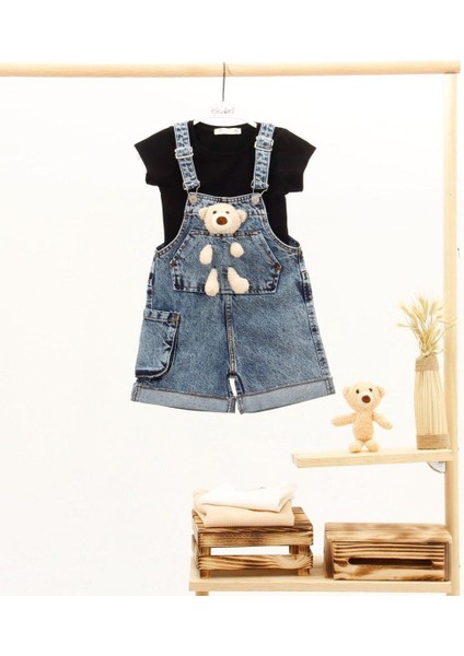 Kız Çocuk Salopet Şort Mavi 5-6 Yaş Denim Mavi