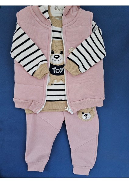 Kapşonlu Yelekli Uzun Kollu 3lü Takım Kız Bebek Pembe Renk modelleri