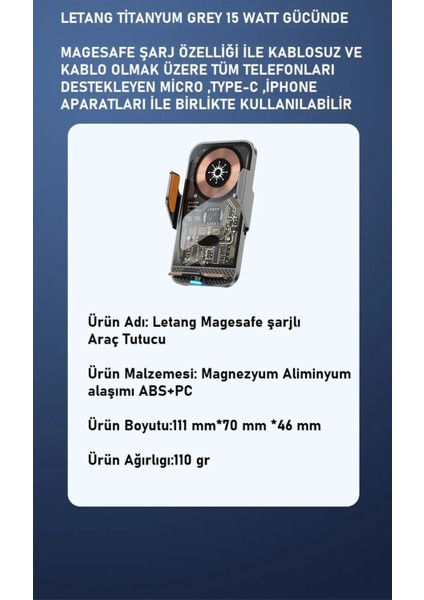 Wireless +Magesafe Sensörlü Açılır Kanatlar 15 Watt Titanyum Grey Cep Telefonu Tutucu