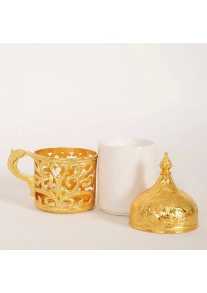 Gold Kahve Fincanı 3 Adet + Lokumluk 6 Adet + 3 Boy Bakır Cezve Seti