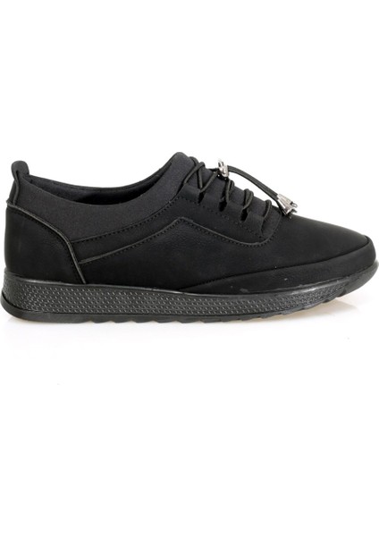 Siyah Nubuk Lastik Bağcıklı Ortopedik Kadın Ayakkabı