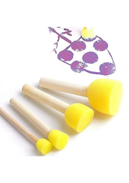 Ponpon Fırça 4 Adet Sünger Ponpon Ahşap Boyama Fırçası Tampon Modelleme Fırça Seti