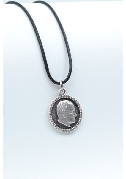 Atatürk Madalyon Gümüş Kaplama Unisex Deri İp Kolye kod 376
