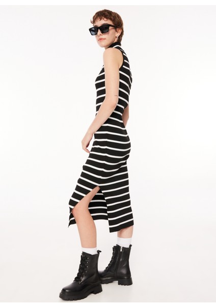 Yarım Balıkçı Yaka Çizgili Siyah - Beyaz Midi Kadın Elbise A3WL-ELB2