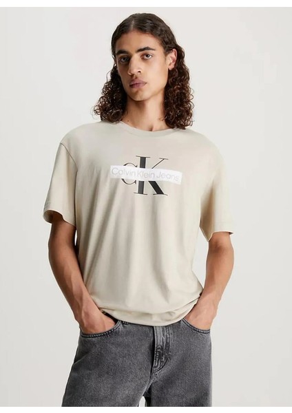 Bisiklet Yaka Baskılı Bej Erkek T-Shirt J30J324008PED