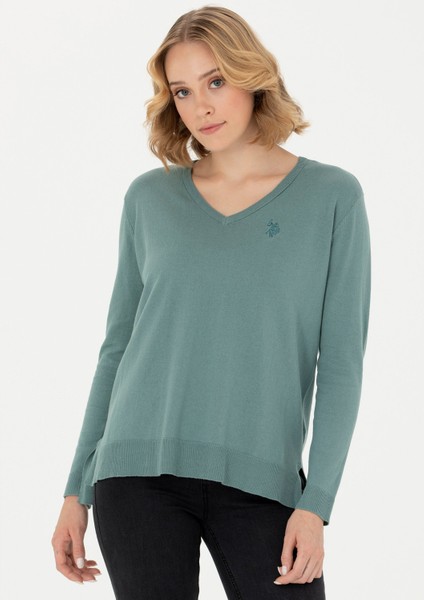 V Yaka Comfort Fit Mint Kazak Kadın ORINAV-BSK23